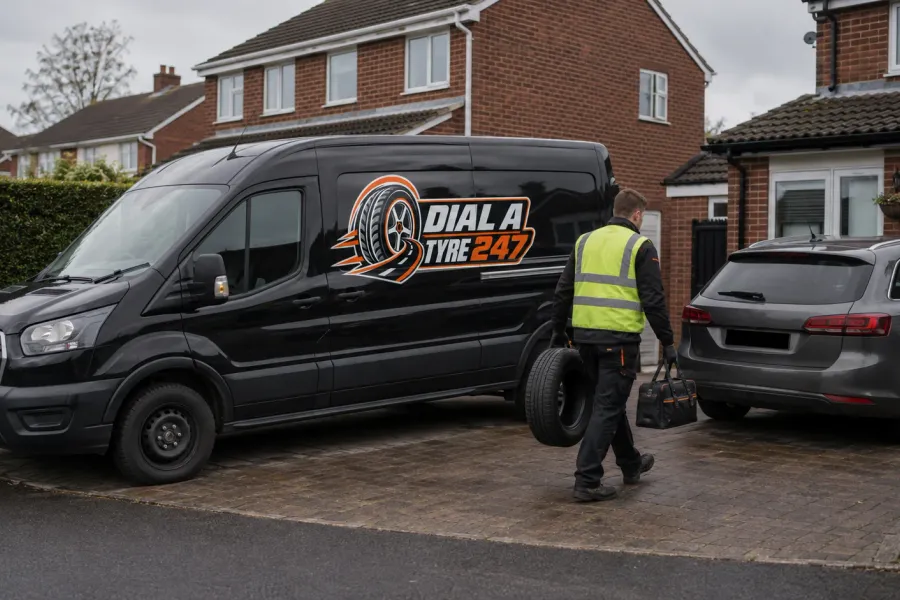 Dial A Tyre 247 technician walking up a residential driveway carrying a spare tyre and tool bag, with the branded works van parked alongside