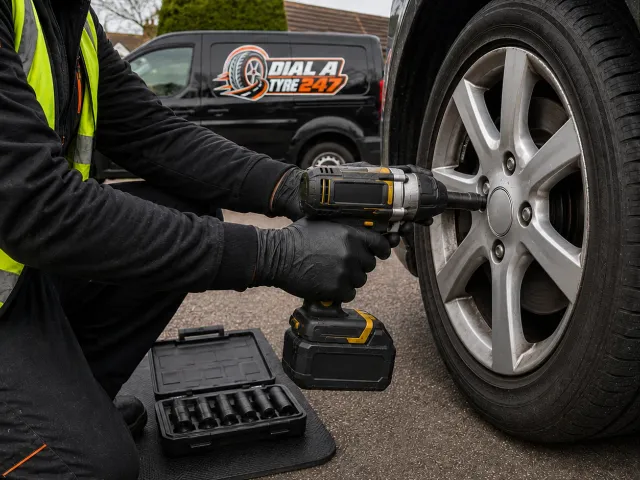 Dial A Tyre 247 technician using a cordless impact wrench to fit a wheel, with the branded works van behind