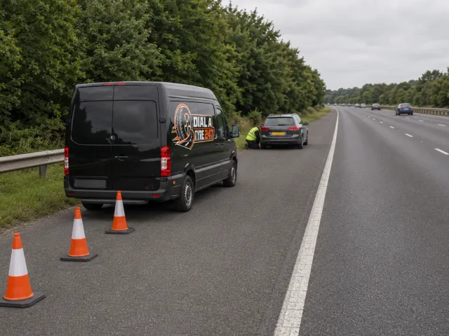 Vehicle recovery support scene with service vehicle and stranded car at roadside