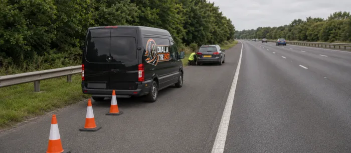 Dial A Tyre 247 van and technician attending a car on the hard shoulder of a dual carriageway, with safety cones set out