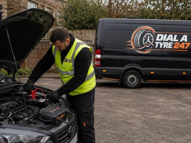 Technician carrying out a jump start on a vehicle with battery equipment