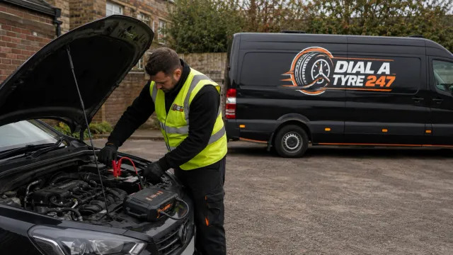 Dial A Tyre 247 technician using a professional jump-start pack on a car battery during a residential callout