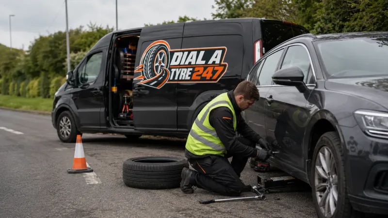 Dial A Tyre 247 technician fitting a tyre at the roadside next to the branded van