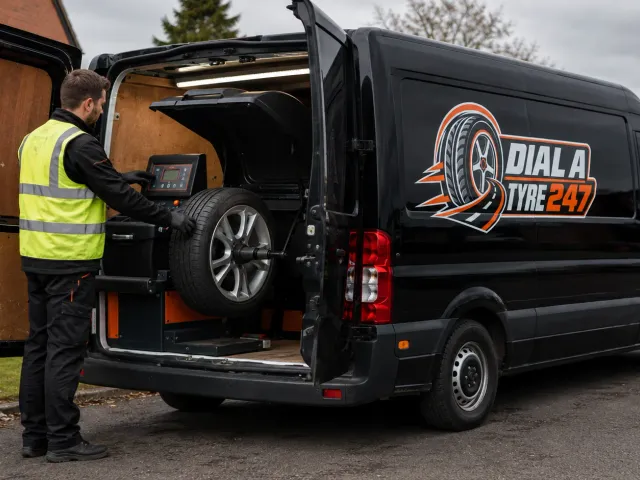 Dial A Tyre 247 technician providing roadside tyre assistance next to a branded mobile service van