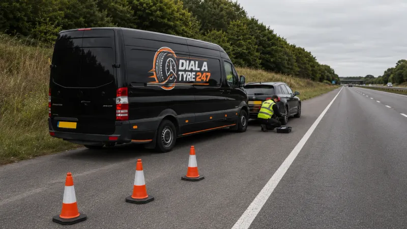 Dial A Tyre 247 technician attending a car safely parked on a motorway hard shoulder, with the branded van and safety cones behind
