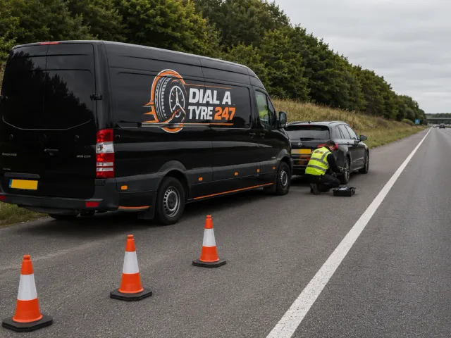 Dial A Tyre 247 support vehicle attending a motorway hard shoulder tyre incident