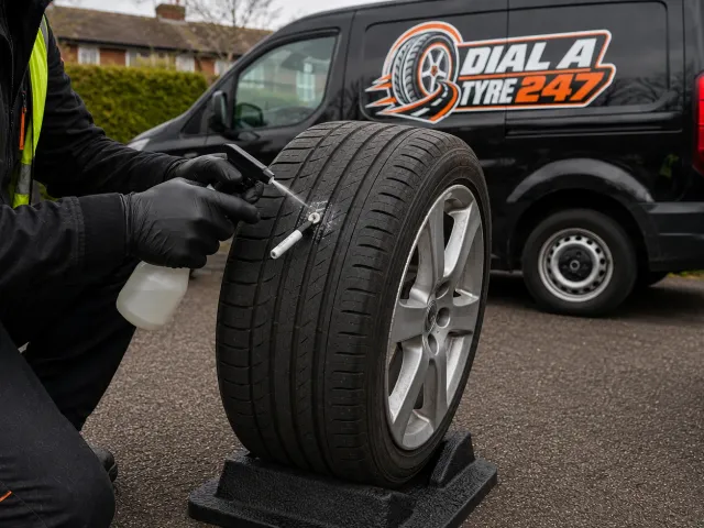 Dial A Tyre 247 technician inspecting a tyre for a puncture with a leak-detection spray, branded van behind