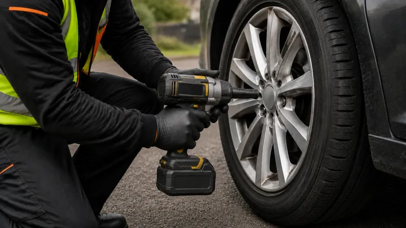 Technician using an impact wrench on a vehicle wheel