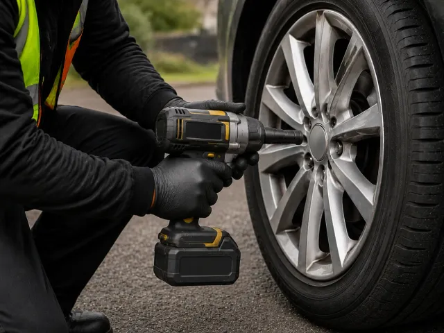 Close-up of a vehicle wheel being worked on during mobile wheel balancing